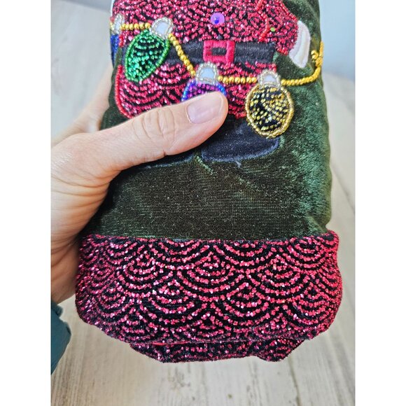 Santa's best mini tree skirt beaded lights red green velvet unique well made new - Picture 2 of 8